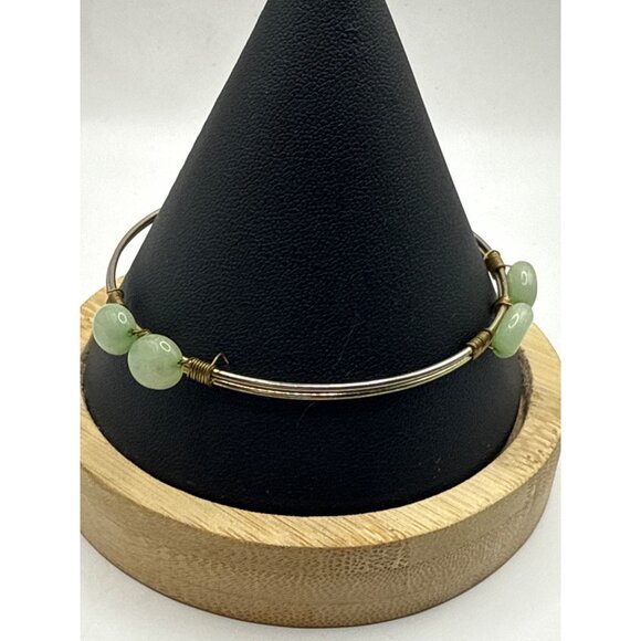 Green Aventurine Gemstone & Silver Wire Bangle Bracelet - Picture 3 of 5
